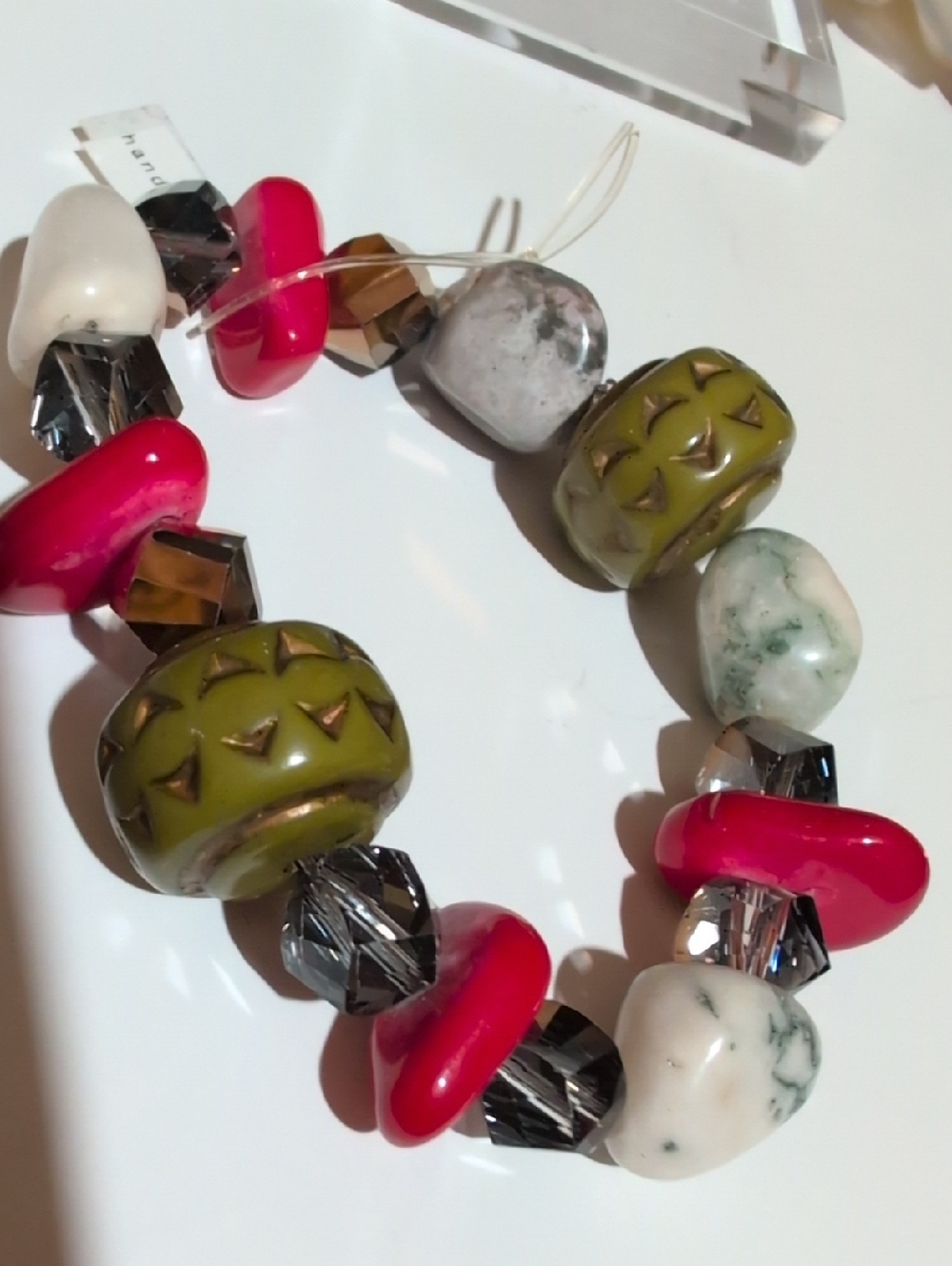 Handmade Multicolor Glass Bead Stretch Bracelet - Turquoise, Blue, Green, red - Picture 2 of 11